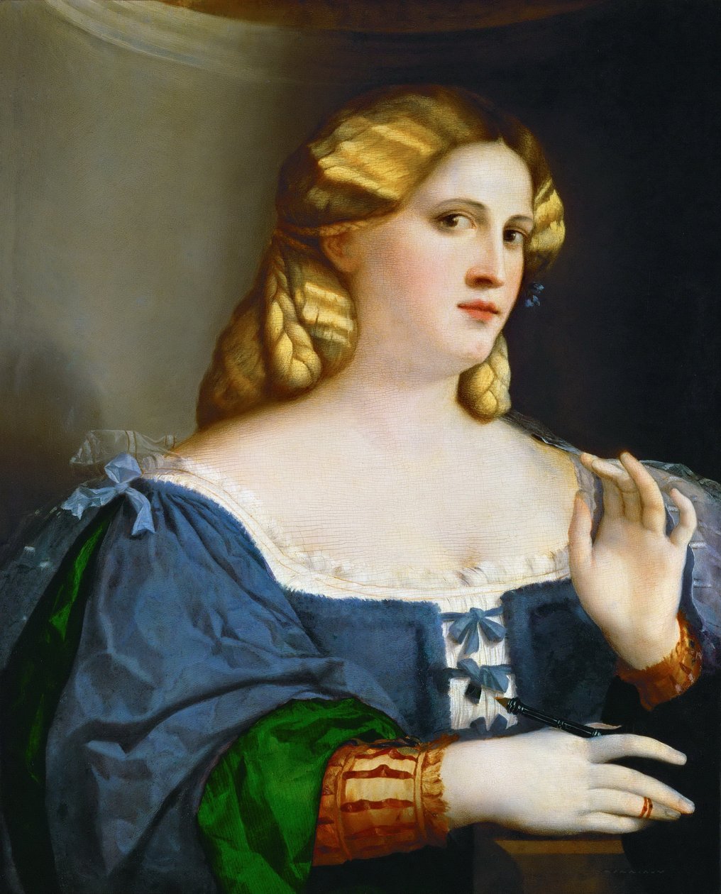 Young Woman in Blue Gown with Feather by Palma il Vecchio