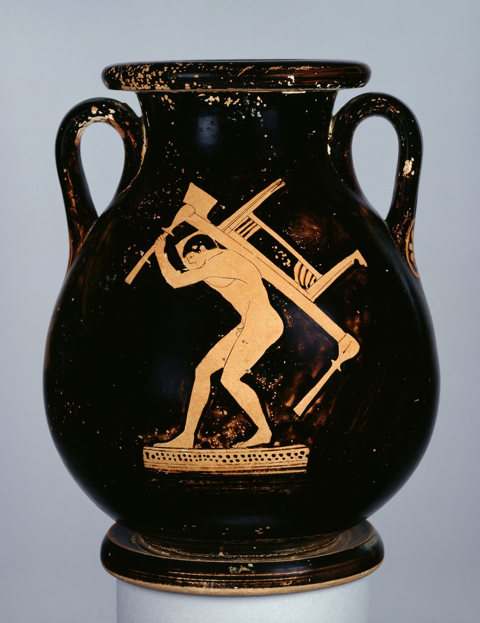 Attic red-figure pelike decorated with a youth carrying a couch and a three-legged table on his back, c.480 BC by Pan Painter