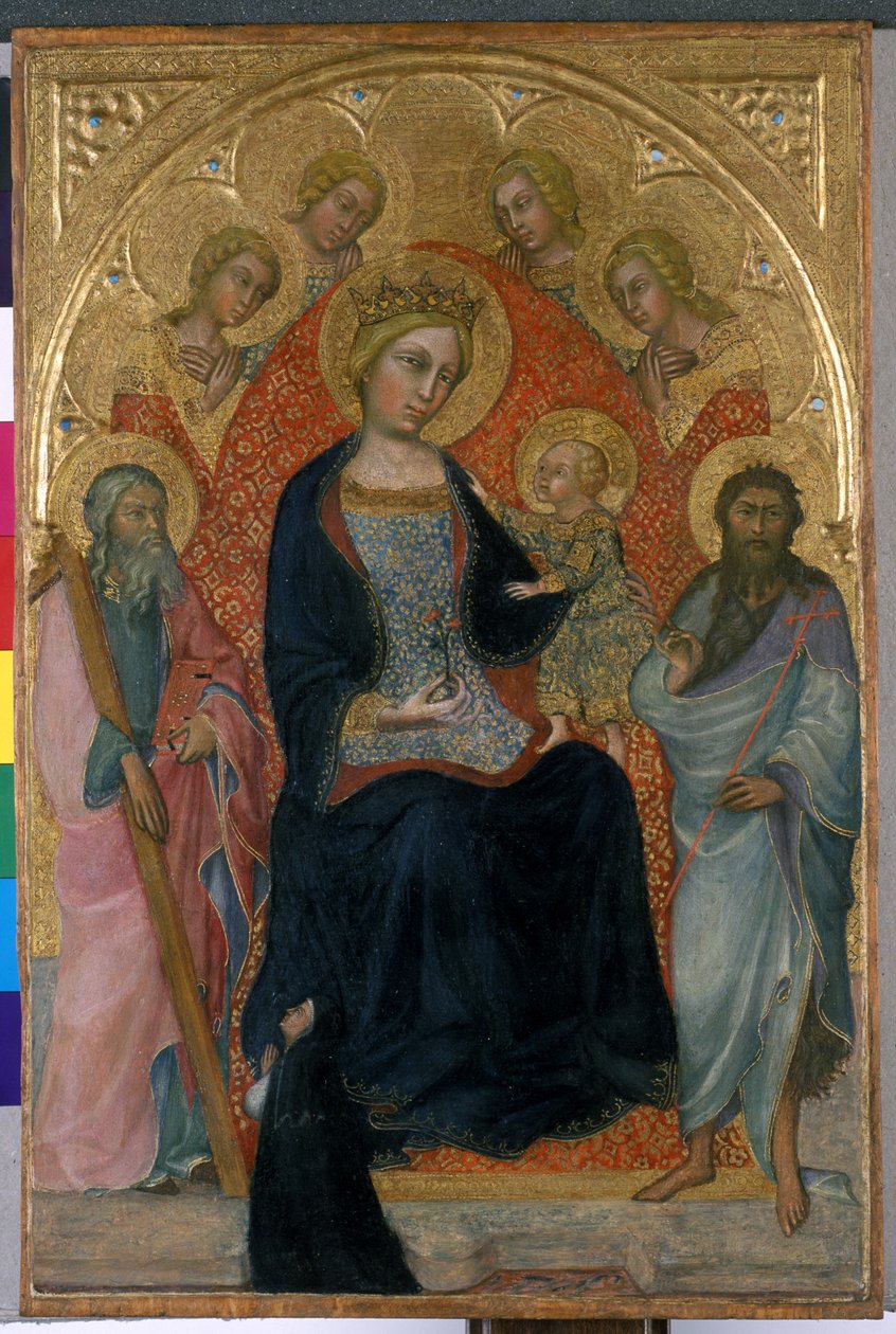 Enthroned Madonna and Child with Four Angels, Two Saints and a Benefactor by Paolo di Giovanni Fei