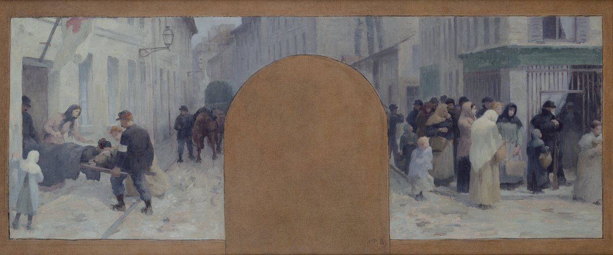 Transporting the Injured to the Ambulance and the Queue in Front of a Shop by Paul Albert Baudouin