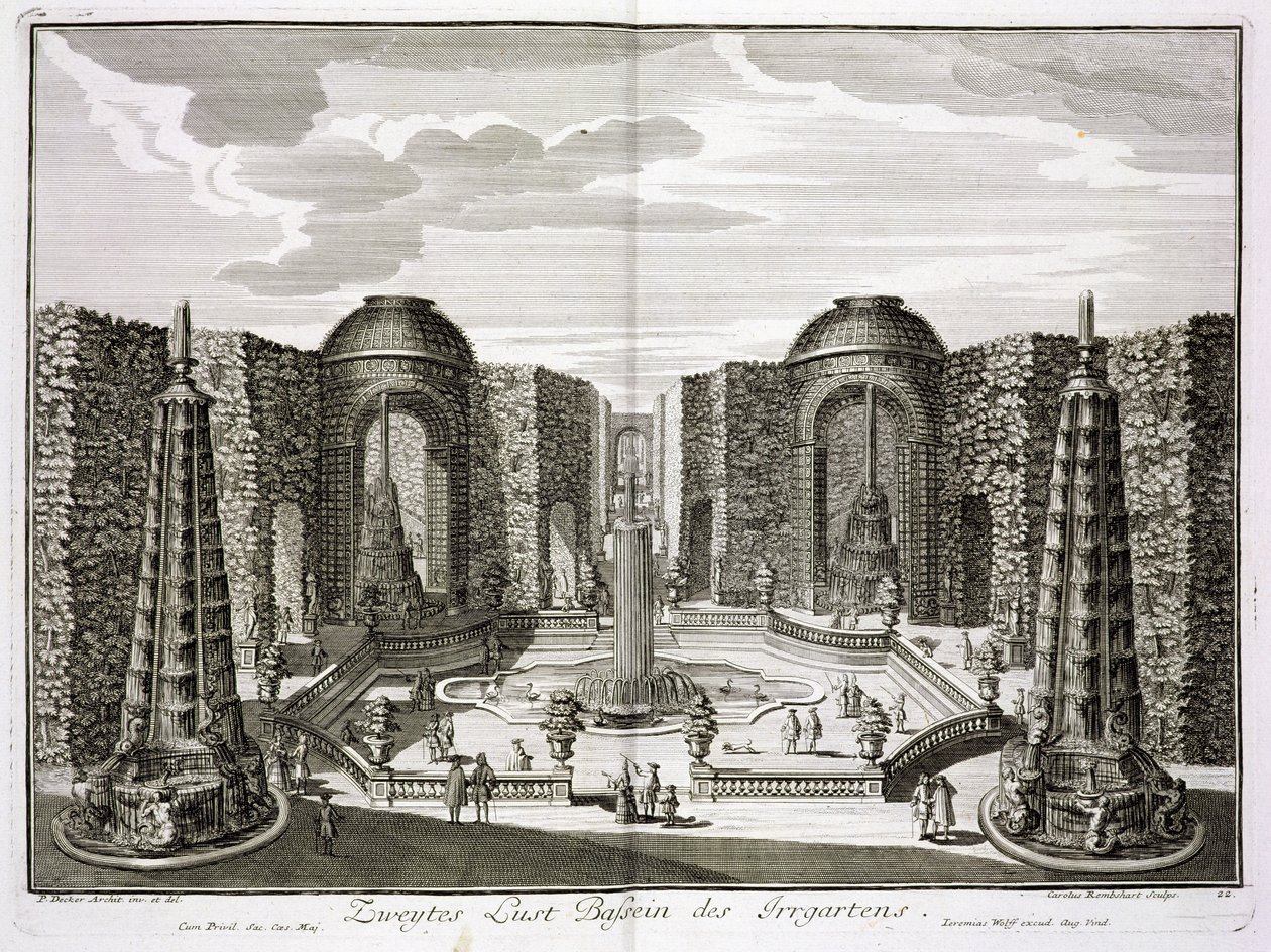 The fountain in the maze at the Princely Pleasure Palace and Gardens, Berlin (engraved by Karl Remshard) by Paul Decker
