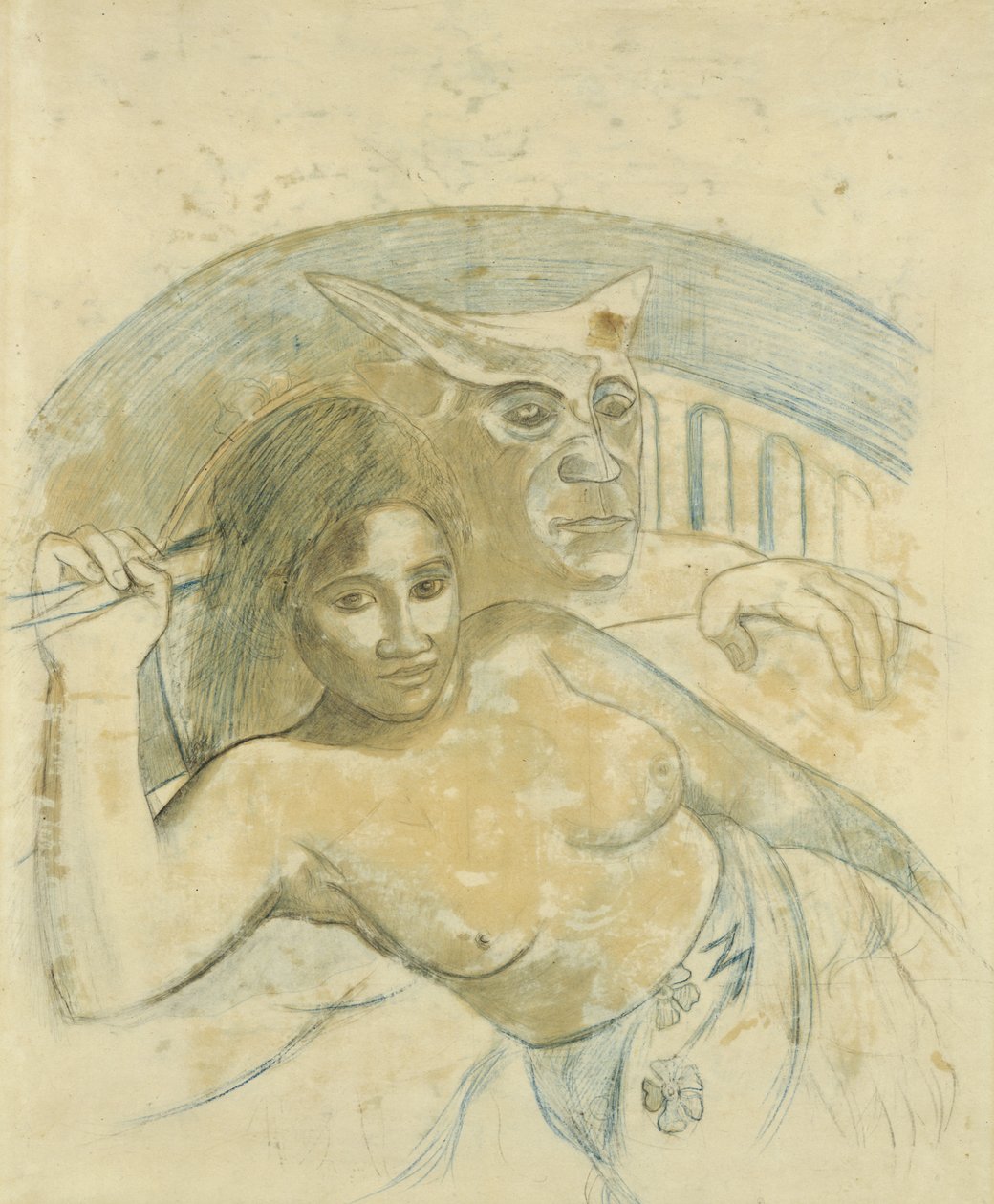 Tahitian Woman with Evil Spirit by Paul Gauguin