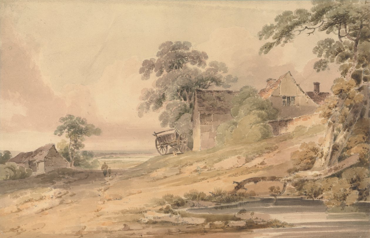 Landscape with Farmhouse, Figures and Pond by Paul Sandby Munn