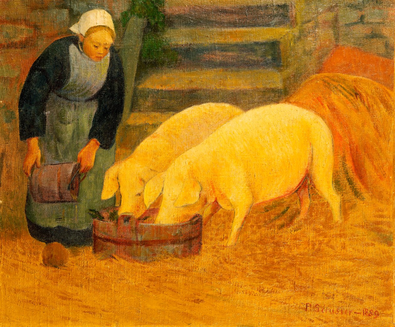 A Young Girl Feeding Two Pigs by Paul Sérusier