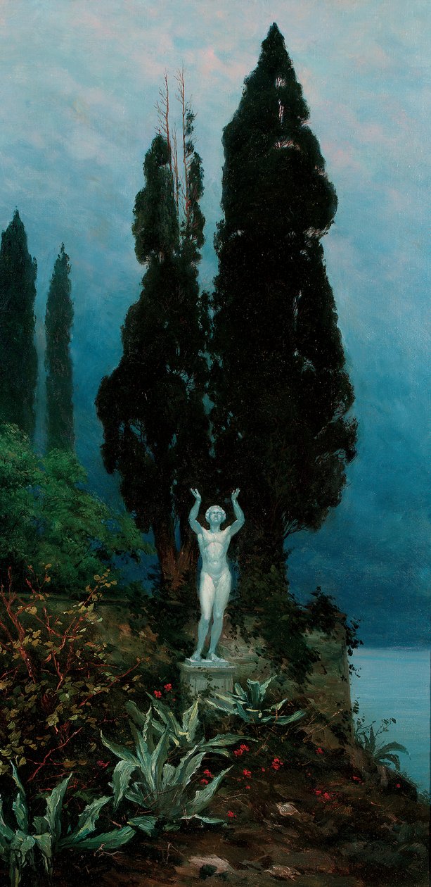 A statue in a lake landscape by Paul von Spaun