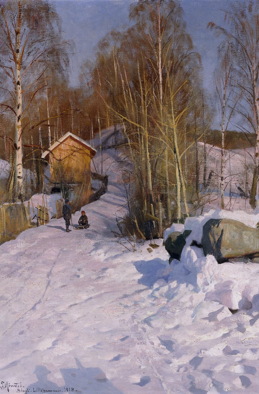 A Winter Landscape with Children Sledging by Peder Monsted