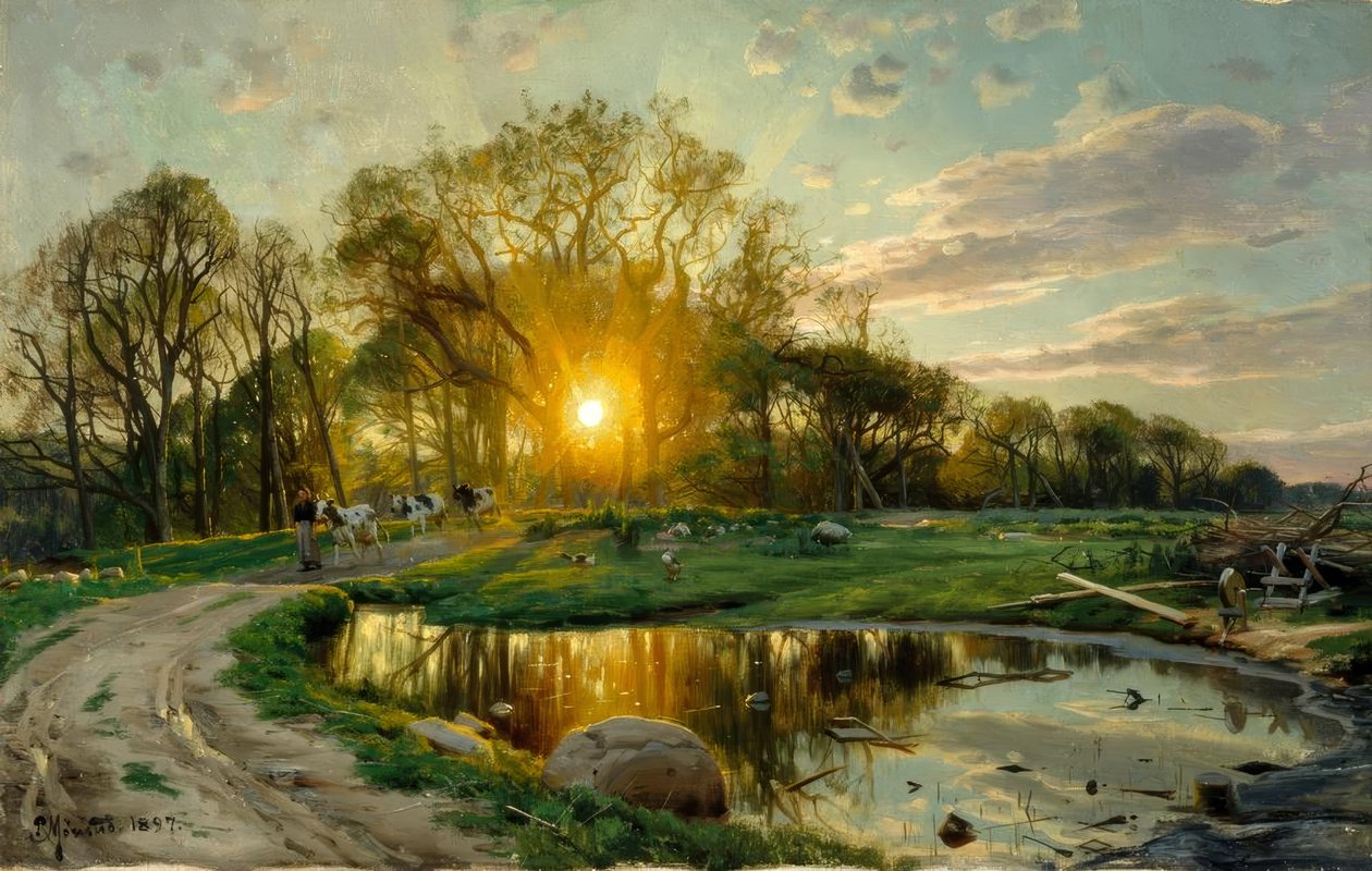 Bringing Home the Cows at Sunset by Peder Monsted