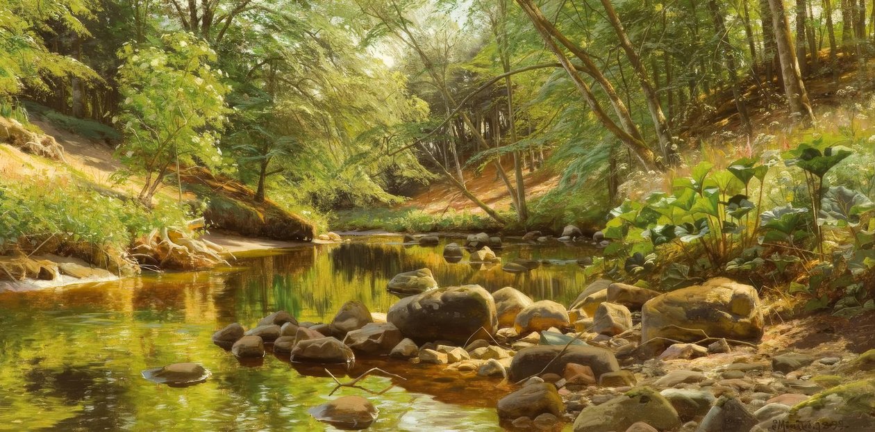 P. Mönsted, Sunny Forest Stream by Peder Monsted