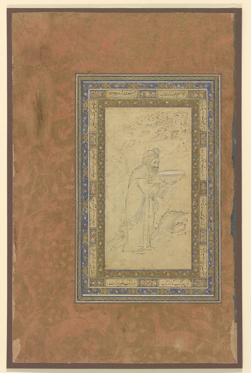 An old man carries a bowl by Persian School