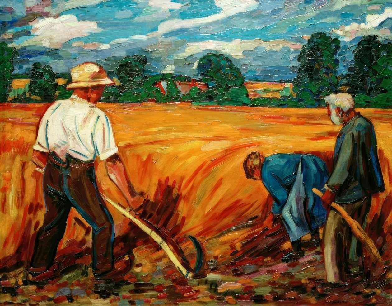 Harvest Field with Father and Siblings by Peter August Böckstiegel