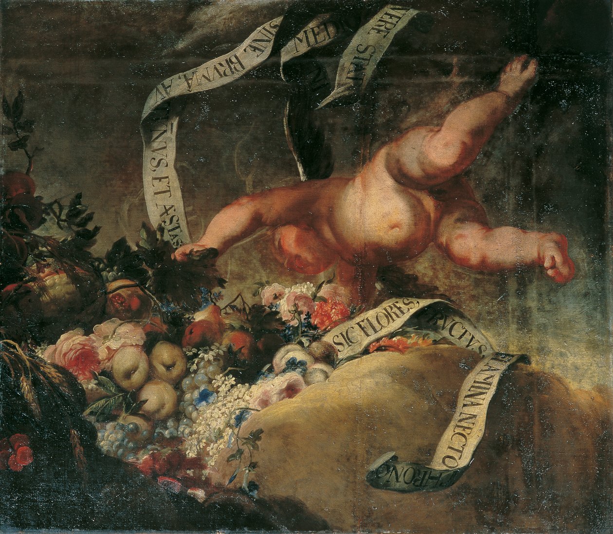 Putto with Flowers, Fruits, and Banner by Peter Strudel