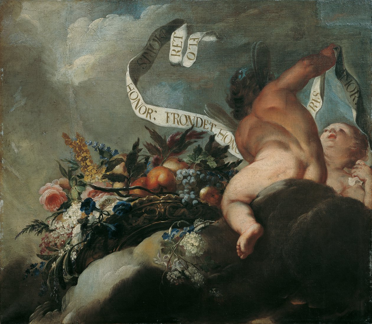 Two Putti with Flowers, Fruits, and Banner by Peter Strudel