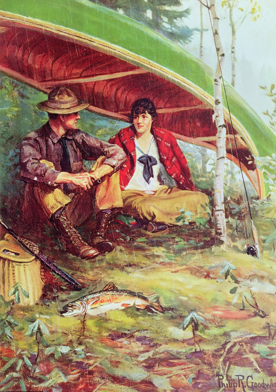 Couple Taking Shelter from the Rain under a Boat by Philip Russell Goodwin