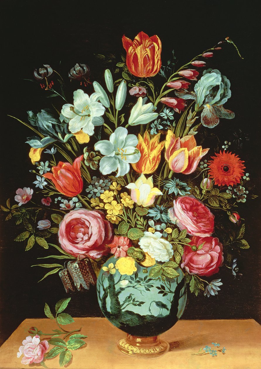 A Still Life of Flowers in a Porcelain Vase Resting on a Ledge by Phillipe de Marlier