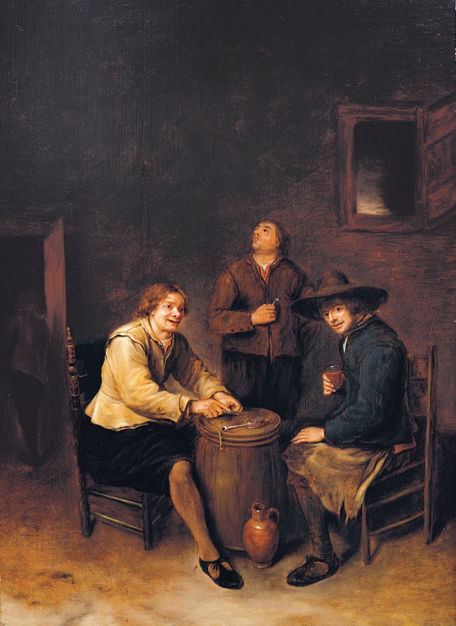 A tavern interior with three peasants merrymaking by Phillips de Koninck