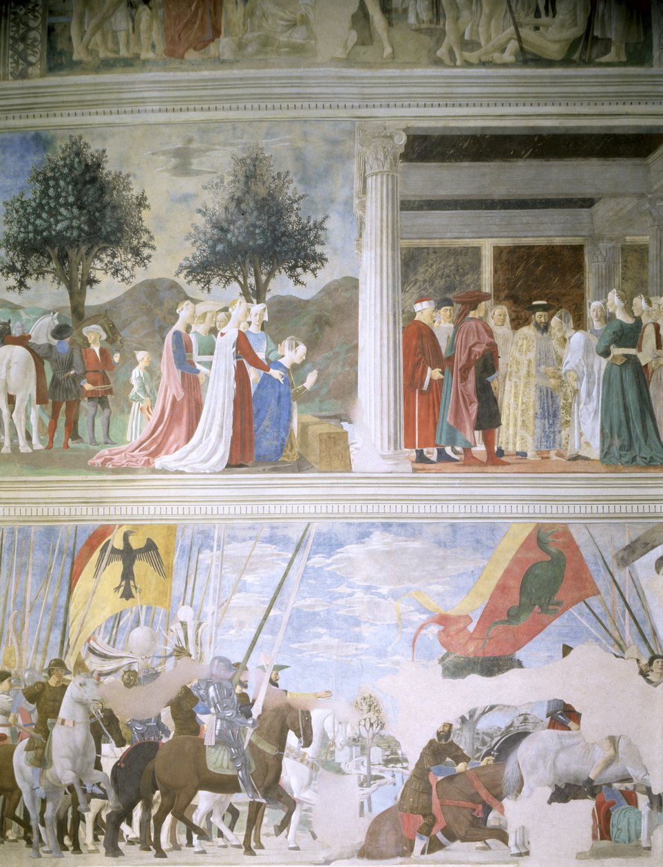 The Queen of Sheba Worshipping the Wood of the True Cross, The Reception of the Queen of Sheba by King Solomon and The Battle of Milvian Bridge, from the Legend of the True Cross Cycle by Piero della Francesca