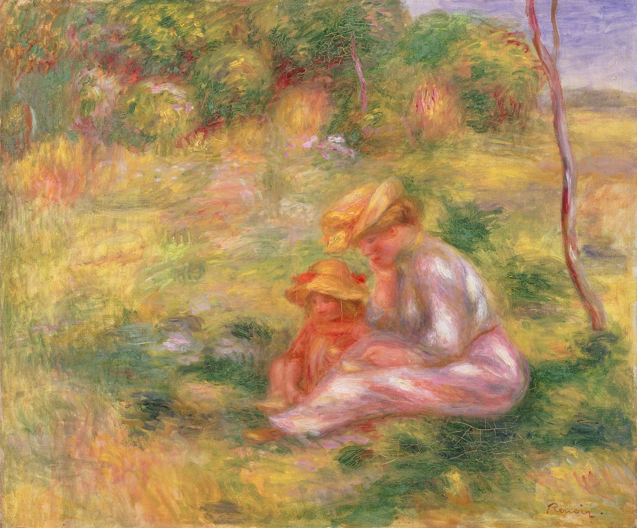 Woman and Child sitting in a Field, c.1898 by Pierre Auguste Renoir
