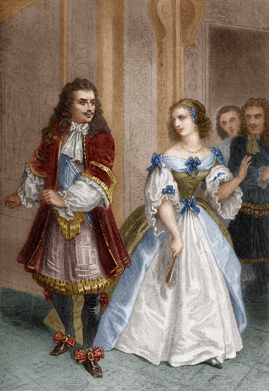 Characters from The Misanthrope by Molière: Alceste, Célimène, Éliante, Philinte (engraving by Delannoy) by Pierre Gustave Eugene 1817 82 after Staal