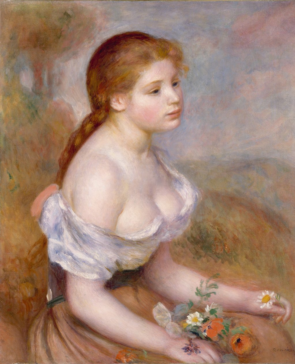 A Young Girl with Daisies by Pierre Auguste Renoir