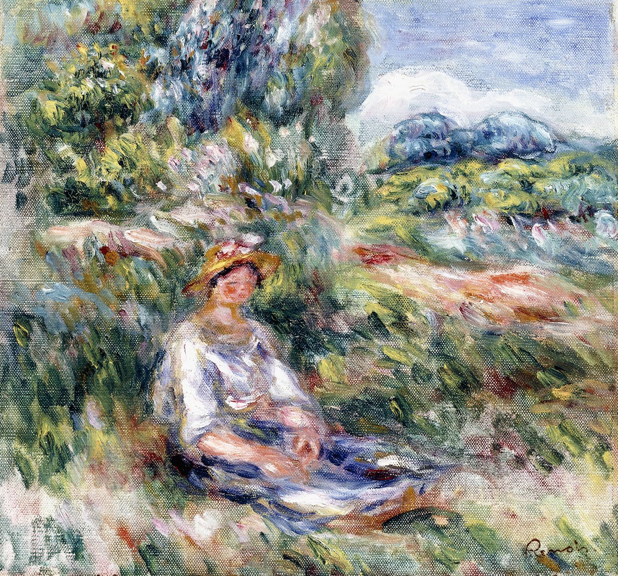 Young Woman Sitting in a Meadow by Pierre Auguste Renoir