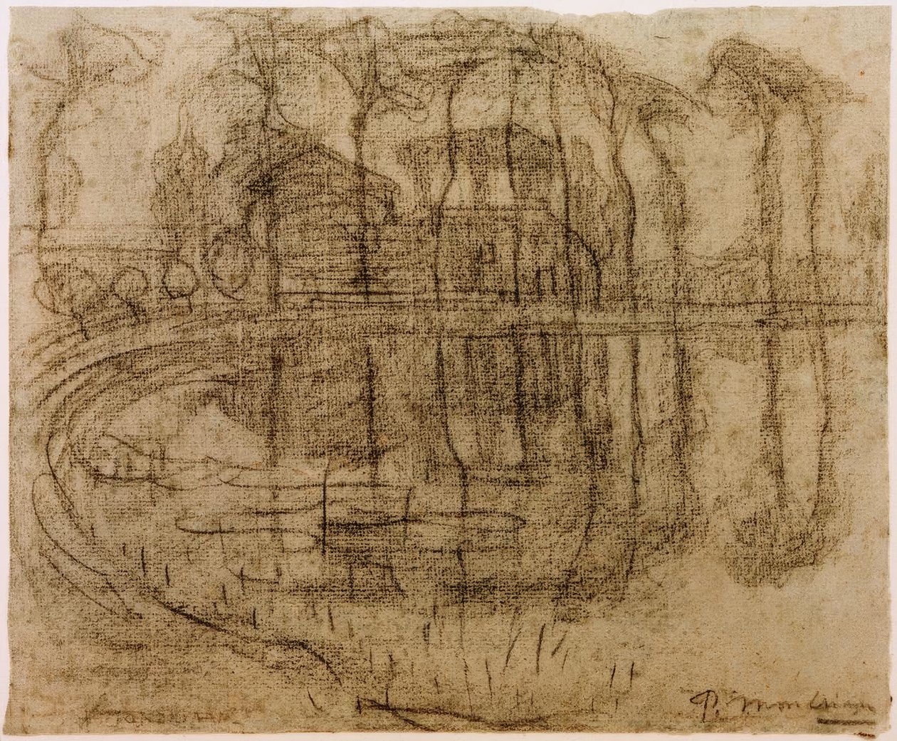 Farmhouse with Trees by the Water by Piet Mondrian