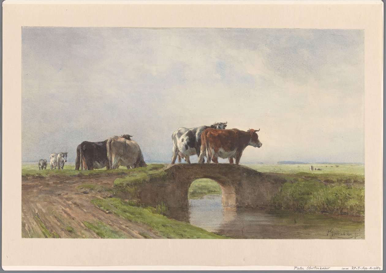 Cows on a stone bridge by Pieter Stortenbeker