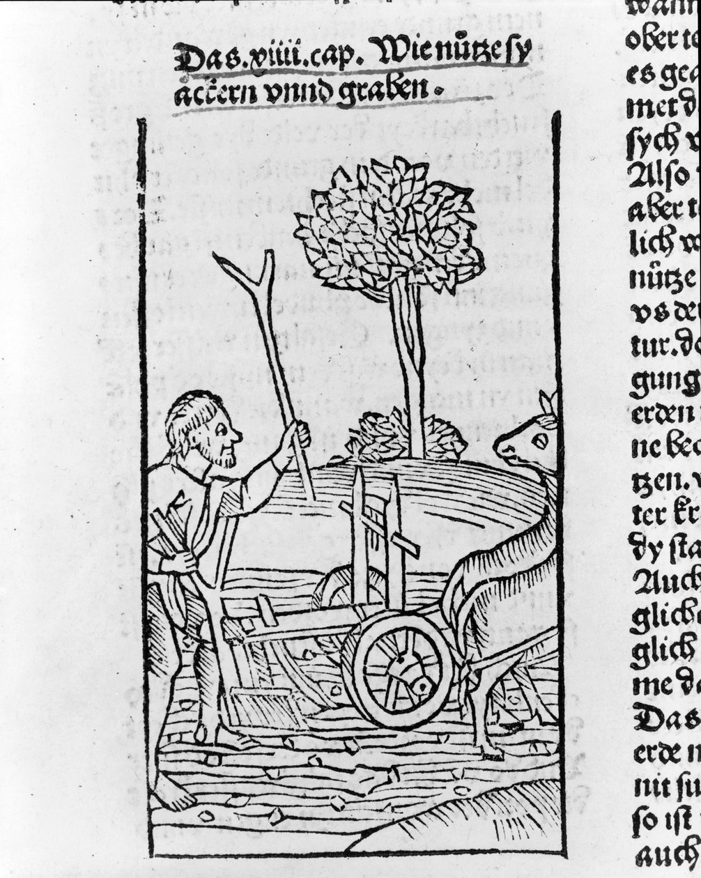 Woodcut showing a farmer ploughing a field by Pietro de