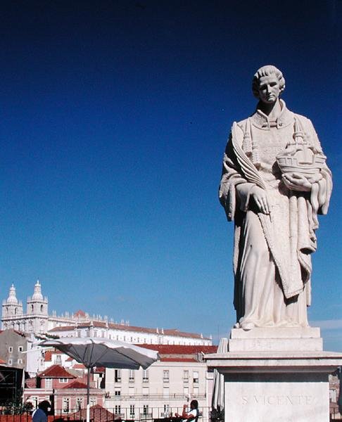 Statue of St Vincent with the Monastery of San Jeronimo in the background by Portuguese School