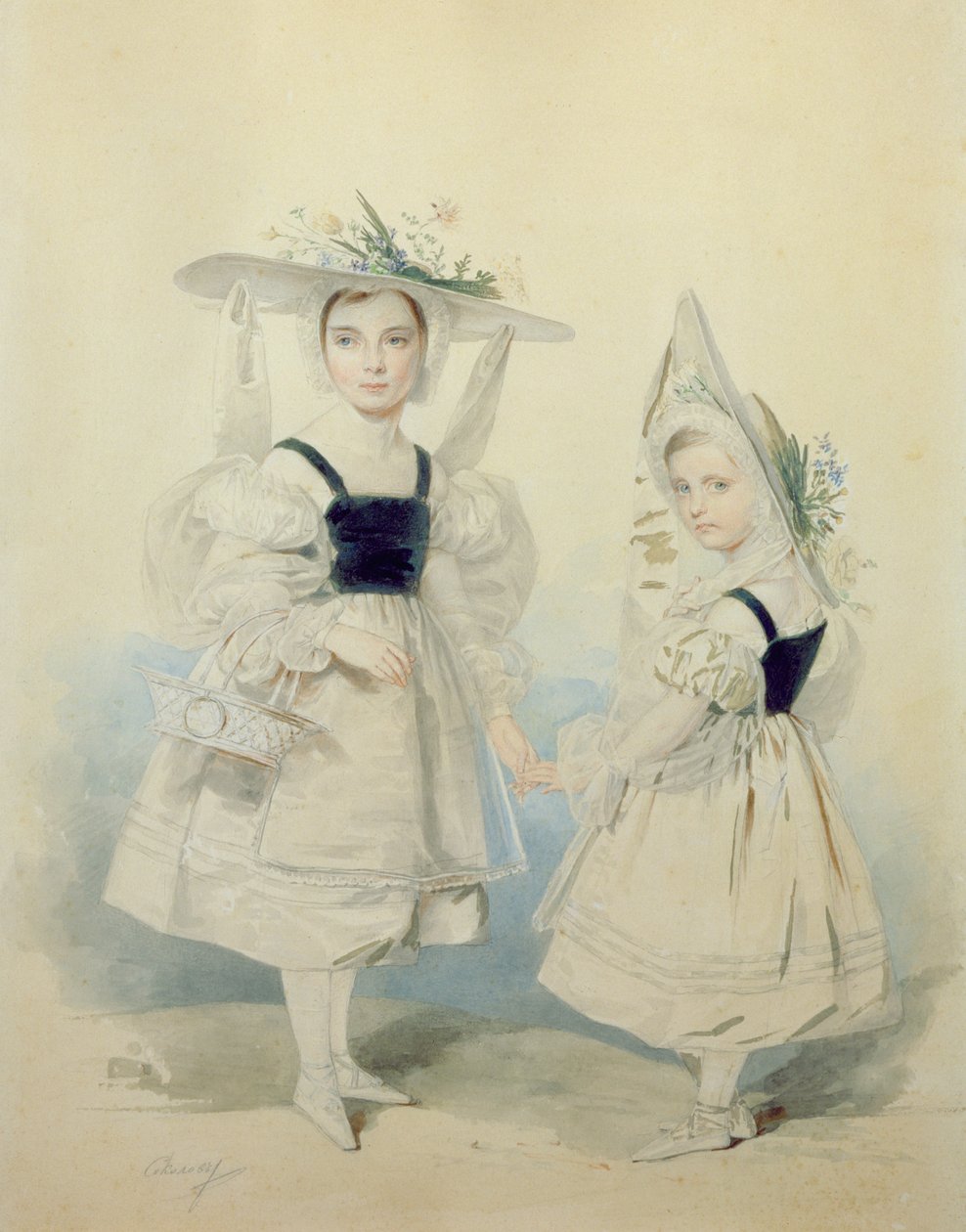 Portrait of the Grand Princesses Olga and Alexandra in Fancy Dress, 1830s by Pyotr Fyodorovich Sokolov
