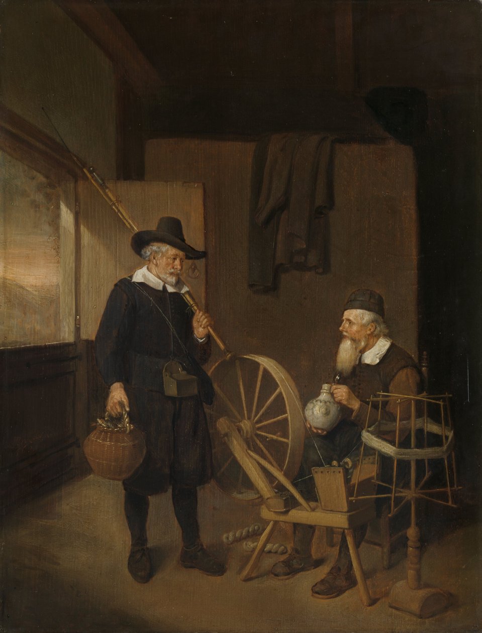 Interior with Angler and Man Behind a Spinning Wheel and Yarn Reel by Quirijn van Brekelenkam