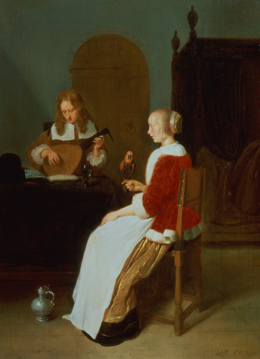 An Interior with a Lute Player and a Woman Holding a Parrot by Quiringh Van Brekelenkam