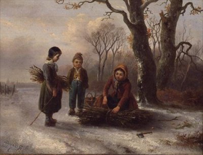 Children Collecting Logs by R. Favelle
