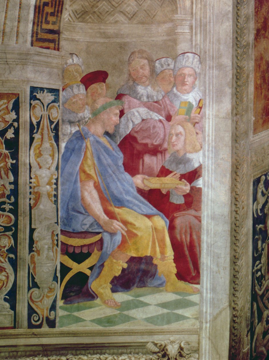The Judicial Virtues: Pope Gregory IX approving the Vatical Decretals; Justinian handing the Pandects to Trebonianus (detail) by Raffaello Sanzio Raphael