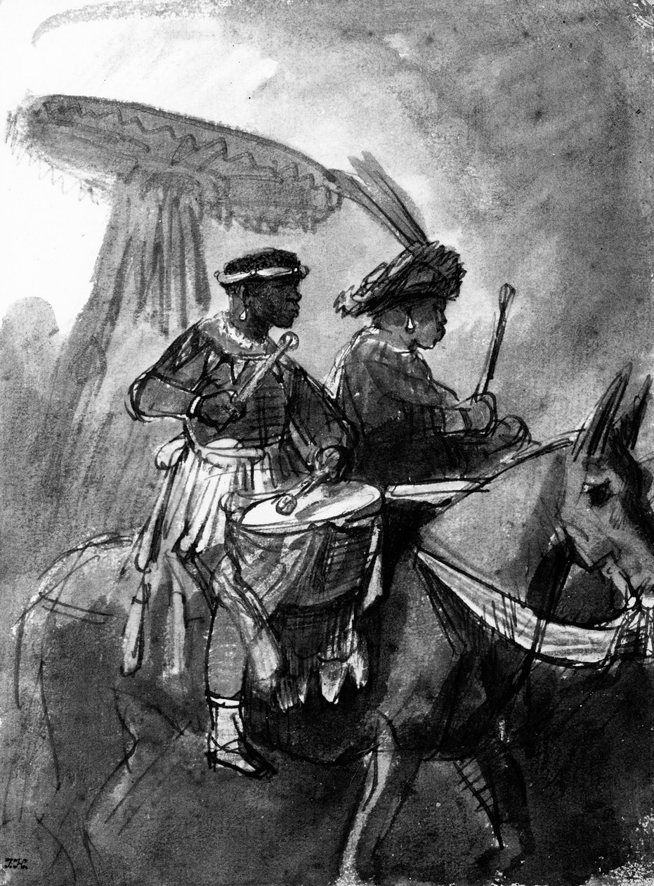 A Drummer and Commander Mounted on Mules by Rembrandt van Rijn