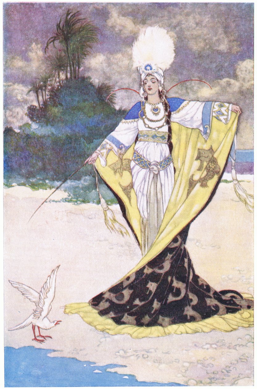 Princess Giauhara changes King Beder into a white bird by René Bull