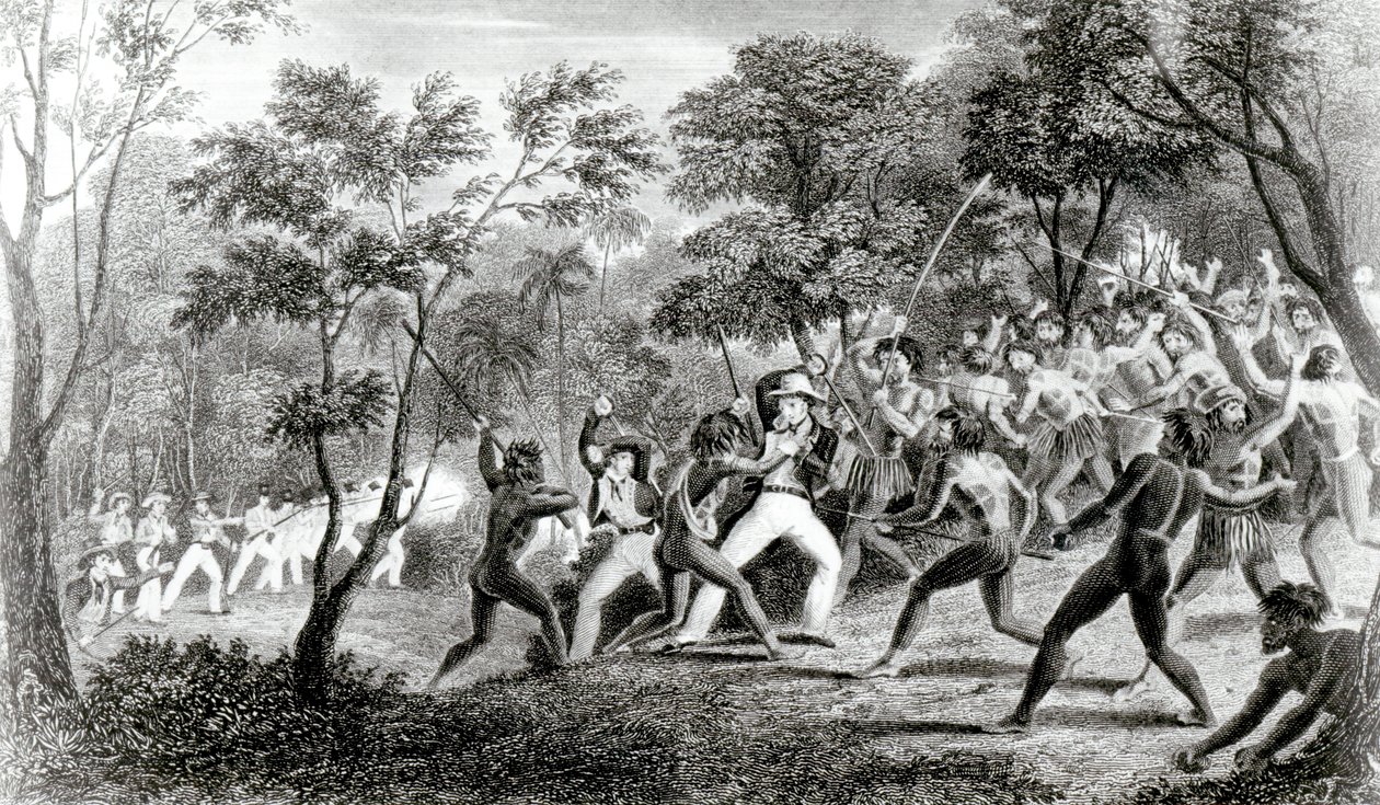 Attack of the Natives of Gambier Islands, engraved by Edward Finden by Richard B. Beechey