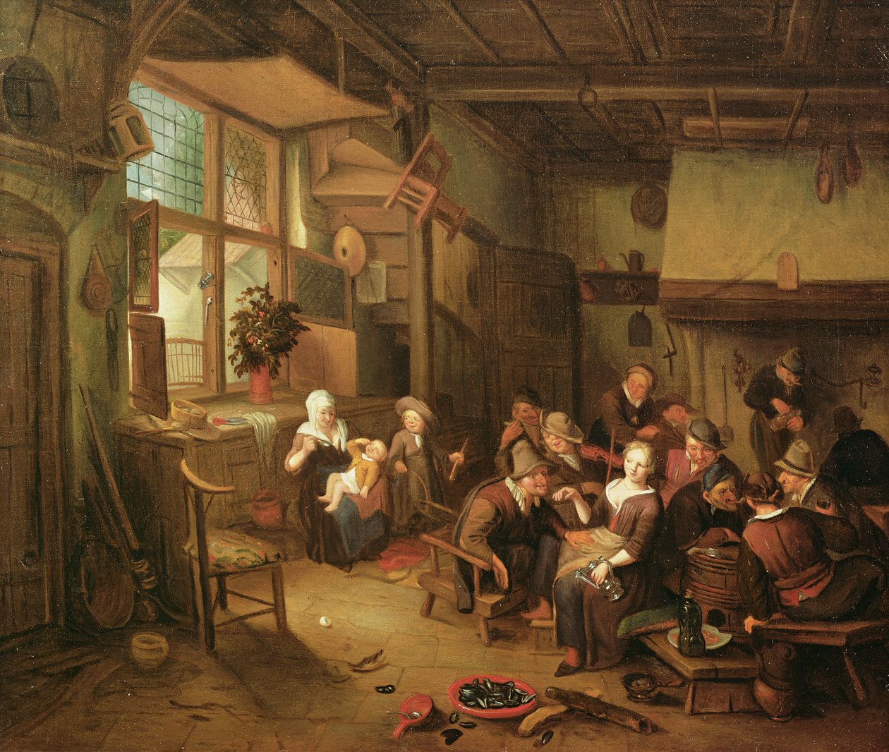 Interior with peasants drinking by Richard Brakenburgh