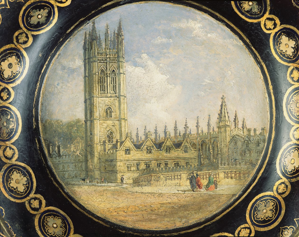 Victorian card tray decorated with a scene of Magdalen College, Oxford by Richard Phene and Benjamin W. Spiers