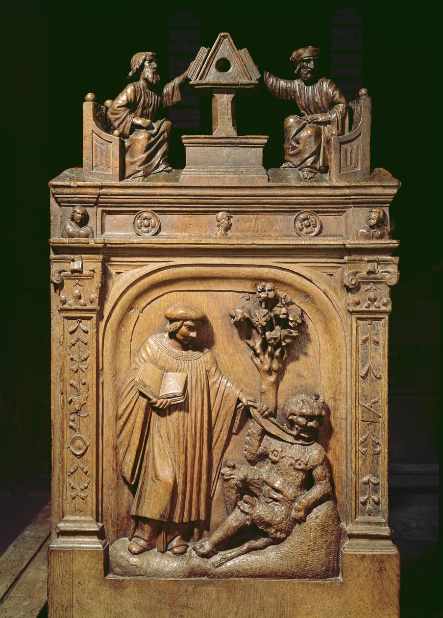 Choir stalls depicting two writers at a lectern and a scene of exorcism by Rigoley Brothers