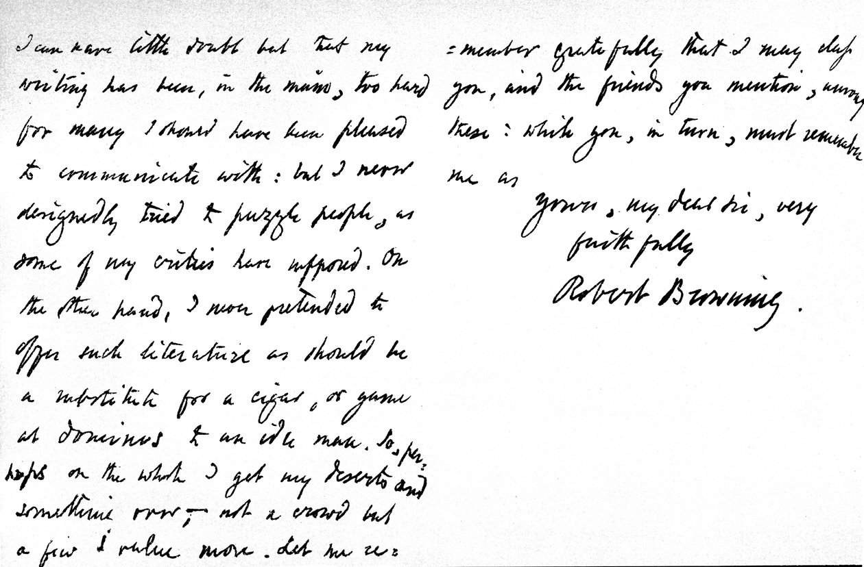 Letter to William G. Kingsland, concerning the alleged obscurity of his poetry and writing, written at 19, Warwick Crescent, Upper Westbourne Terrace, London, 27 November, 1868 by Robert Browning