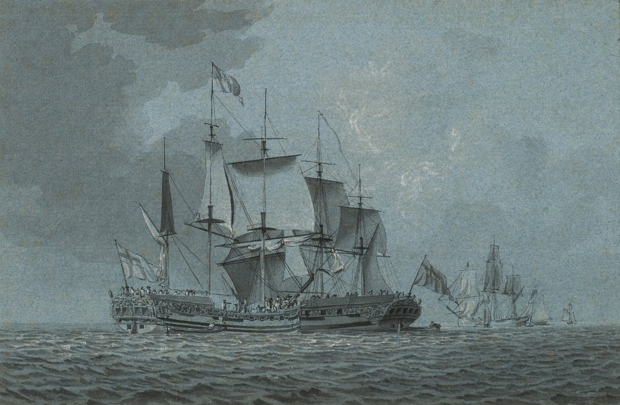 An Admiralty yacht coming alongside a man-o-war which has hove-to to await her arrival, with other vessels beyond by Robert Cleveley