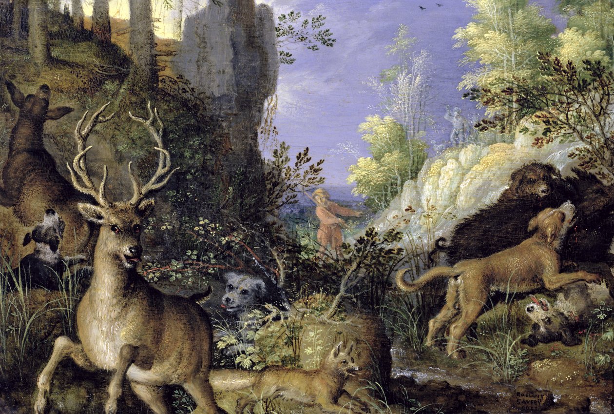 A Woodland Scene with Hunters and Animals by Roelandt Jacobsz. Savery