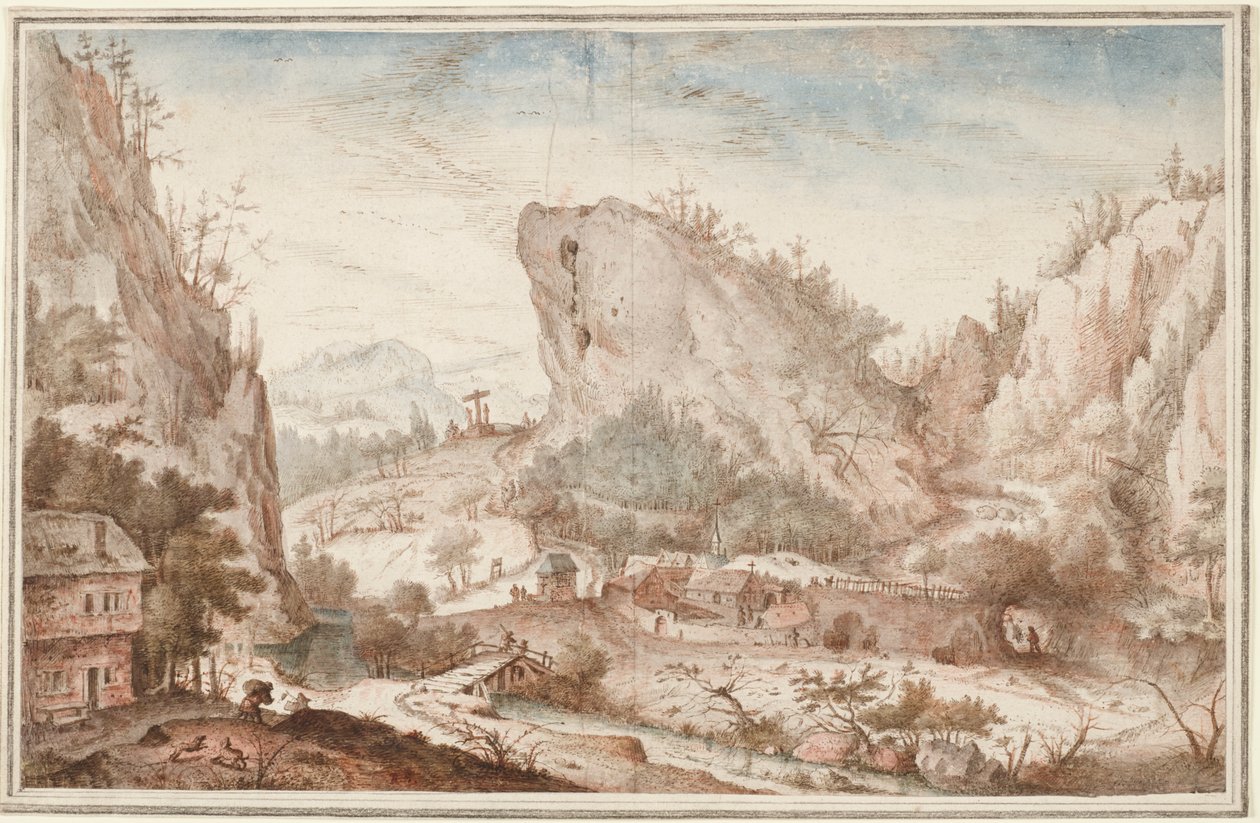 Alpine Landscape with Travellers near a Village by Roelant Savery