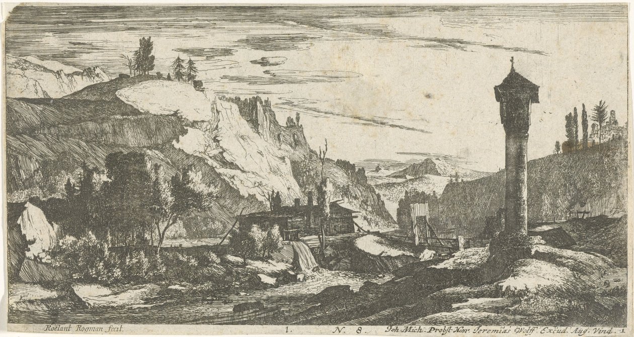 Mountainous Landscape with Column (series title: Tyrolean Landscapes) by Roelant Roghman