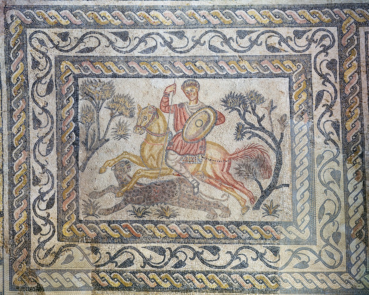A mosaic depicting a Leopard hunt, from the Villa de las Tiendas, c.326-400 by Roman
