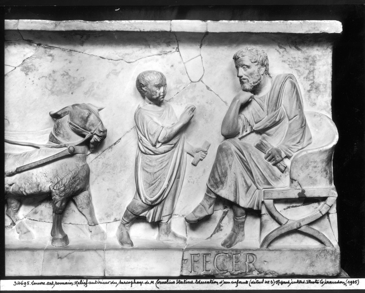 Detail from the sarcophagus of Cornelius Statius depicting a child reciting his lesson at the feet of his teacher (detail) by Roman