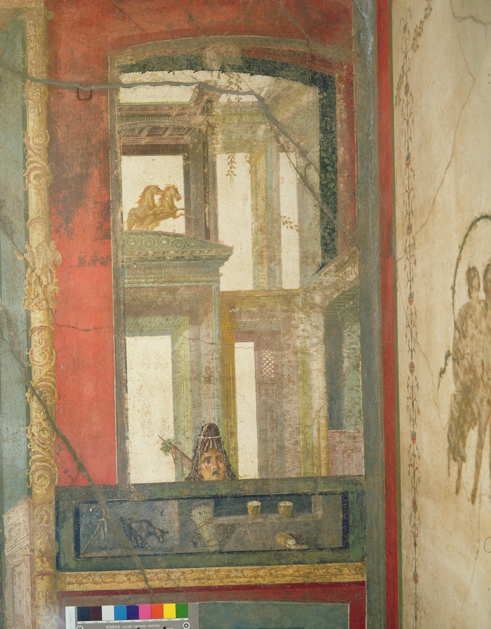 Fantastical architecture with two horses and a theatrical mask, from the House of the Vettii c.50-79 AD by Roman