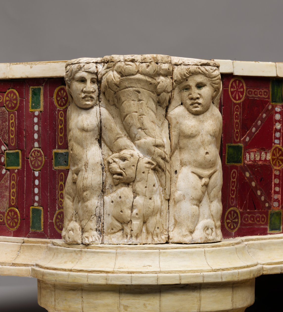 Footstool Detail with Bone Carving of Cupids, Leopards and Cornucopia by Roman