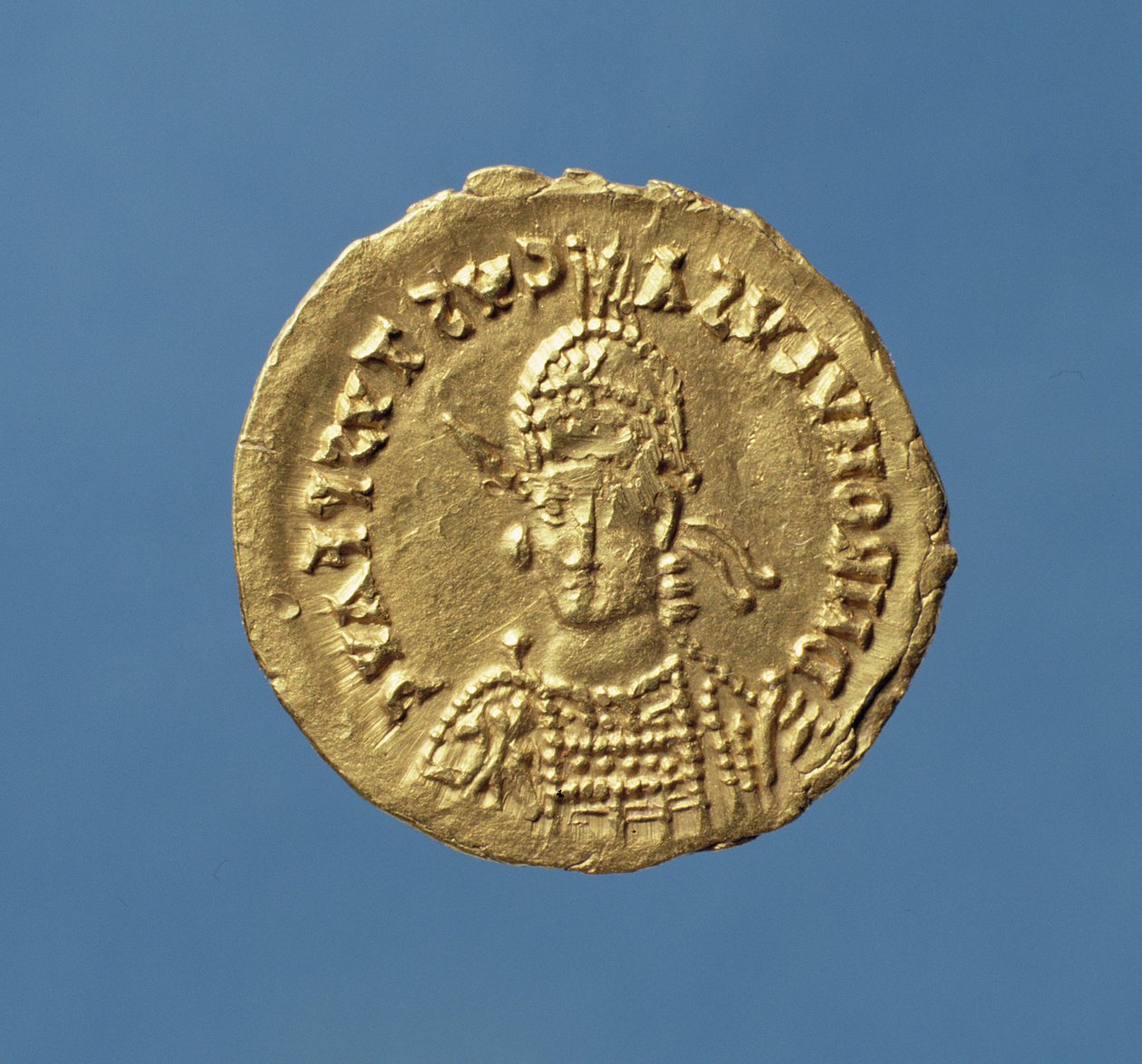 Solidus (obverse) of Romulus Augustulus (475-476) helmeted, cuirassed, with spear over right shoulder, shield on left by Roman