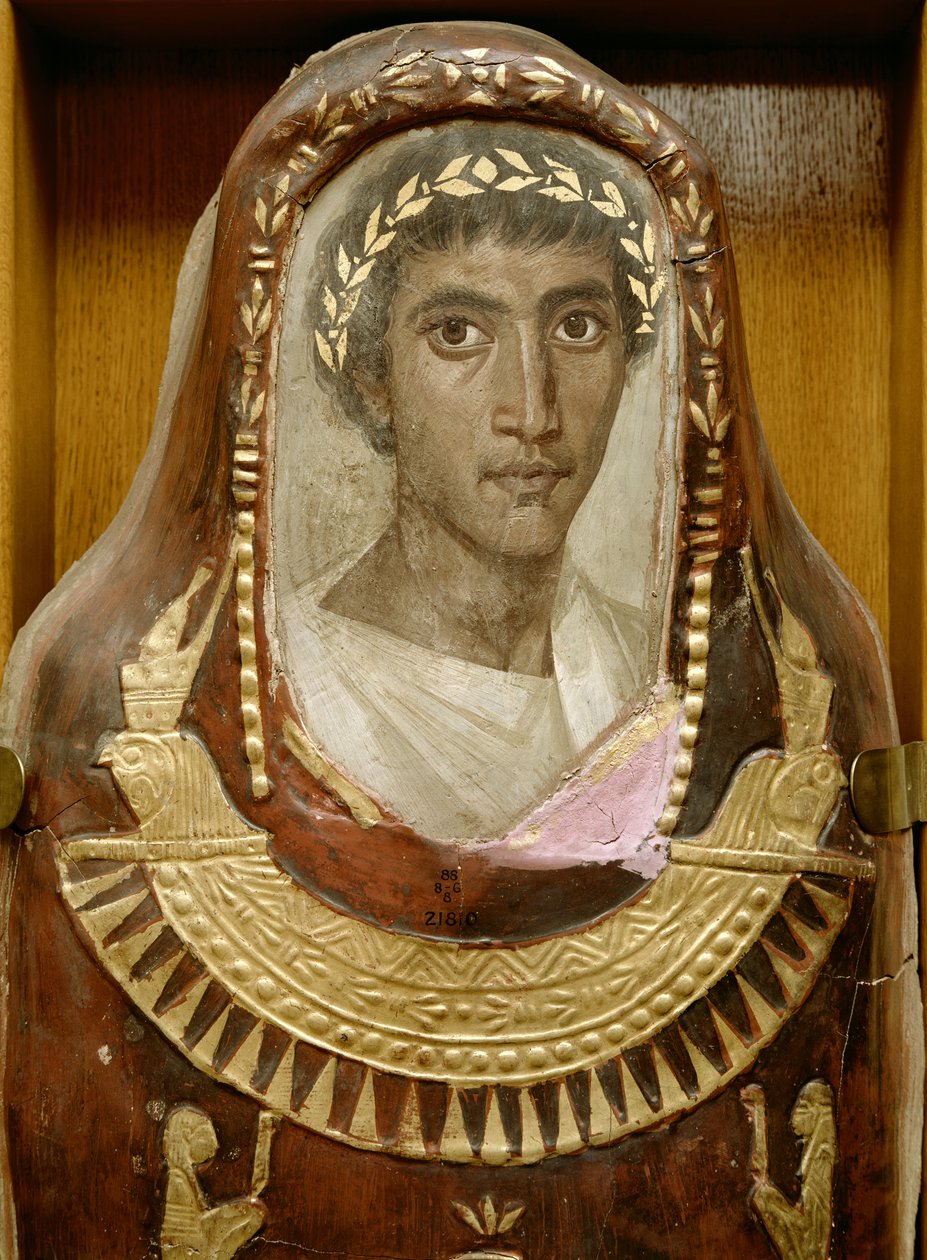 Painted and gilded mummy case of Artemidorus with encaustic portrait in the Hellenistic style, from Hawara by Roman Period Egyptian